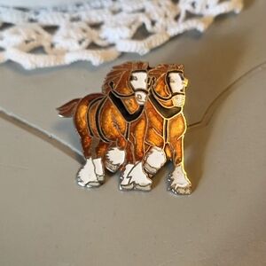 Vintage Draft Horses Team Pair Clydesdales Enamel Lapel Pin Signed Equestrian